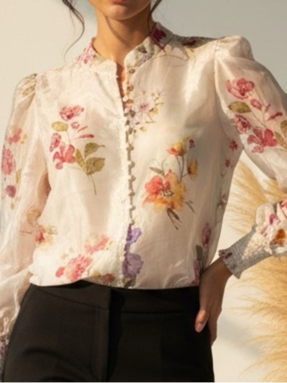 Bailey 44 Sheer Floral Ruffle Wrist Button Down Blouse Sz S Romantic Boho